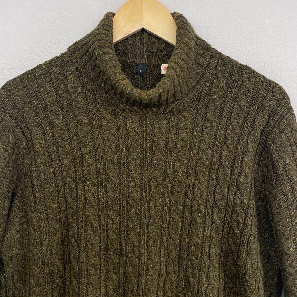 UNIQLO Sweater Mens L Wool Blend Cable Turtleneck Pullover Jumper Green - Picture 4 of 11